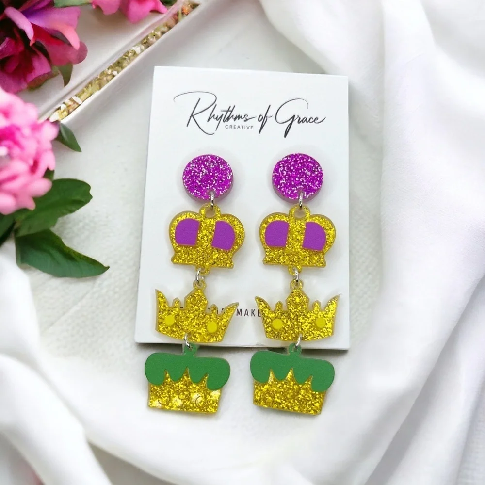 Mardi Gras Crown Dangle Earrings – Celebrate Like Royalty! NWT